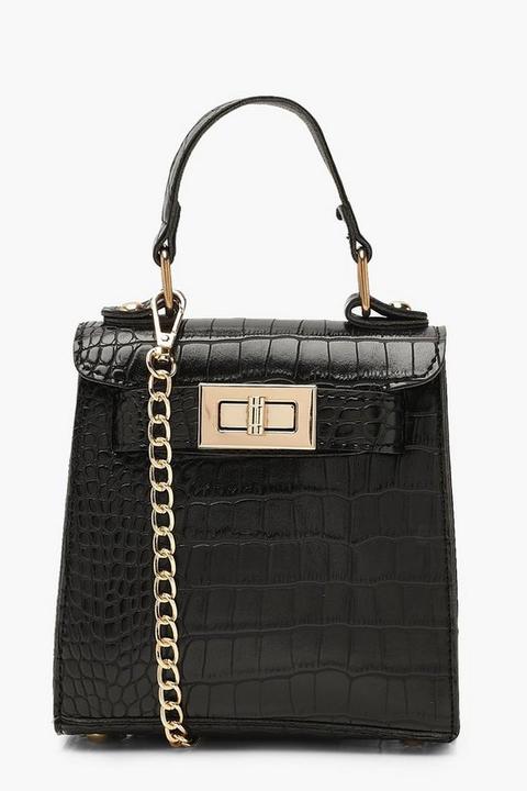 Womens Faux Croc Mini Lock Grab Bag - Black - One Size, Black