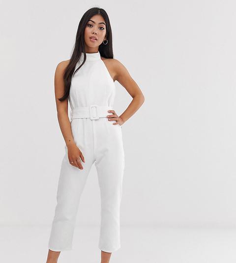 Asos Design Petite Denim Halter Neck Belted Jumpsuit In White