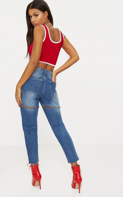 Mid Wash Double Bum Rip Mom Jean