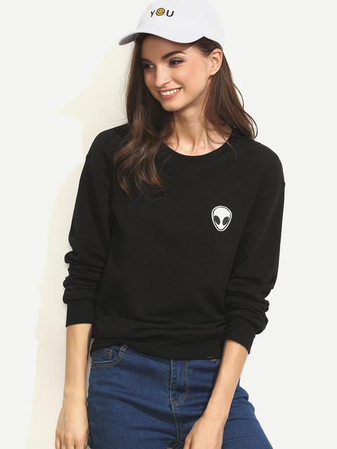 Black Applique Long Sleeve Sweatshirt