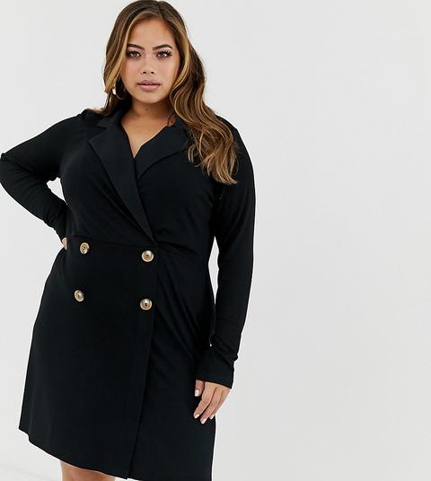 Asos Design Curve - Vestitino Stile Blazer Doppiopetto A Coste Con Bottoni In Finto Corno - Nero