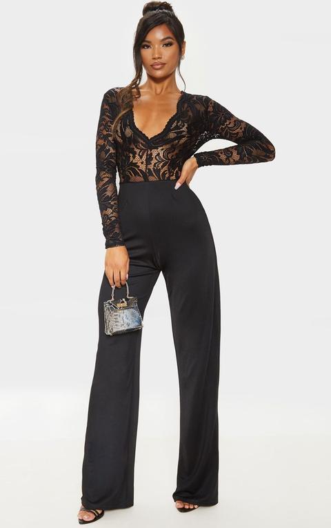 Black Lace Long Sleeve Plunge Jumpsuit, Black