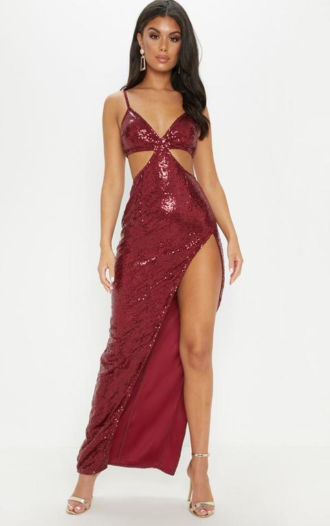 Burgundy Sequin Disc Cut Out Maxi Dress