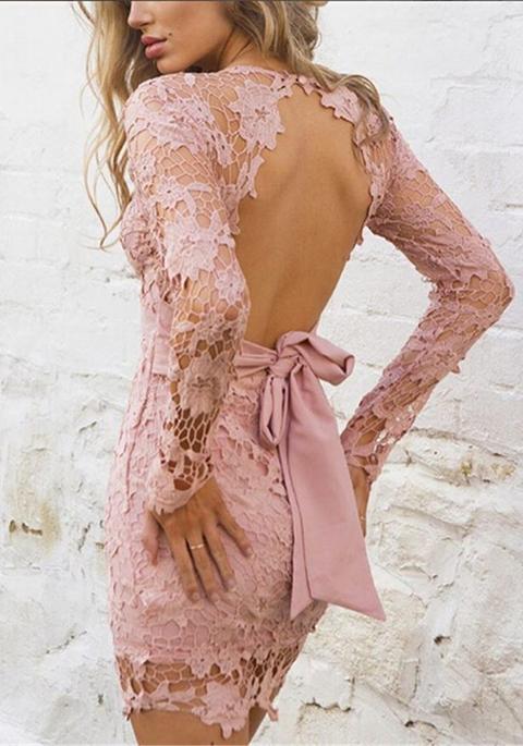 Pink Patchwork Hollow-out Lace Tie Back Backless Mini Dress