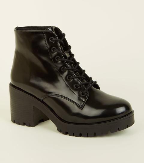 black patent chunky lace up boots
