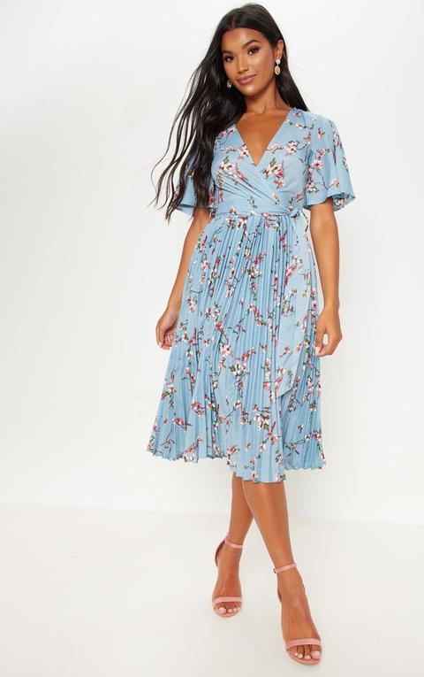 blue floral pleated dress