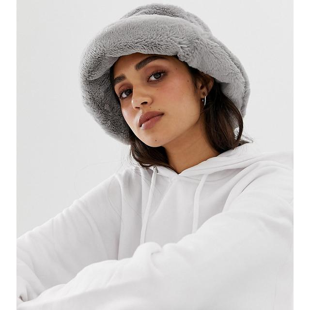 My Accessories Grey Faux Fur Bucket Hat 