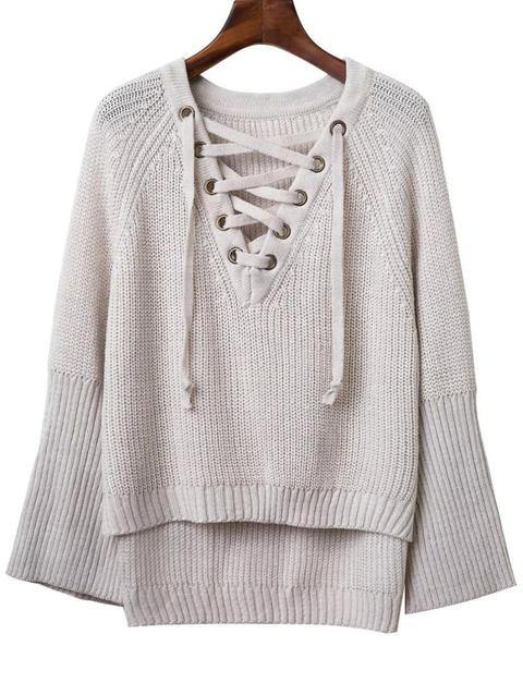 Lace Up V Neck Long Sleeve Sweater