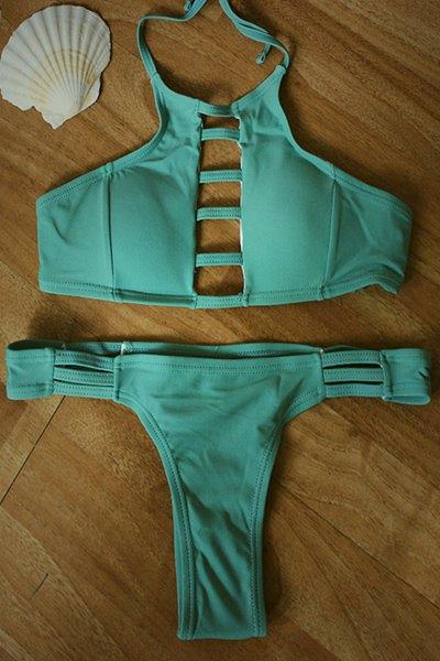 Green Halter Hollow Bikini Set