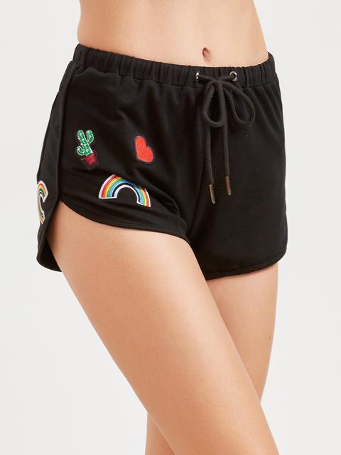 Black Embroidered Patch Detail Dolphin Shorts