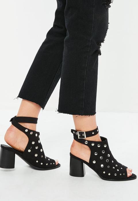 Black Open Toe Studded Heeled Sandal, Black