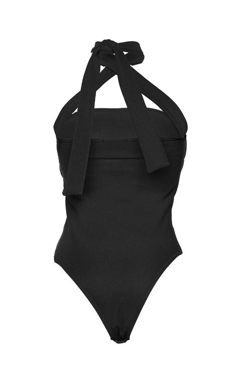 Black Textured Rib Halterneck Bodysuit