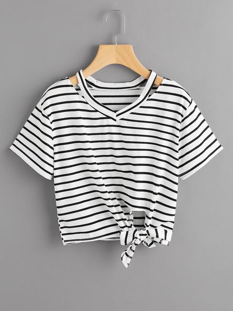 Cut Out Neck Stripe Side Knot Tee