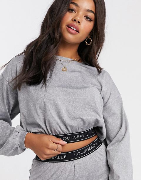 Loungeable Balloon Sleeve Lounge Crop Top With Logo Elastic Detail In Grey Marl