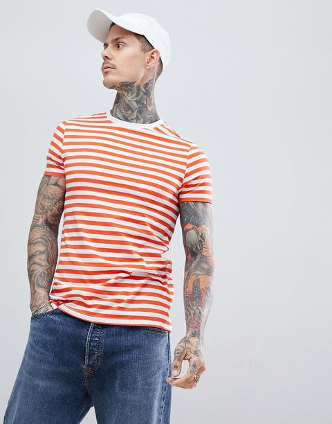 Asos Design - T-shirt In Orange Und Weiß Gestreift - Mehrfarbig