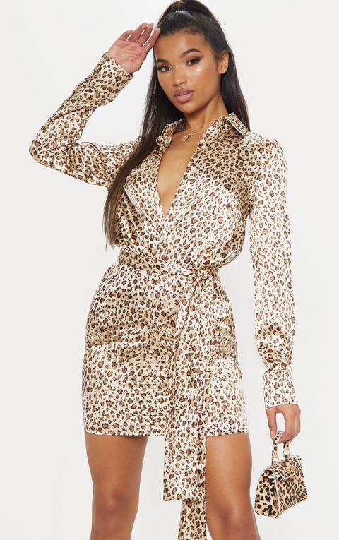 Nude Satin Leopard Print Ruched Shirt 