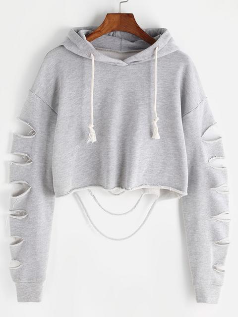 Heather Grey Drop Shoulder Ripped Sleeve Crop Hoodie