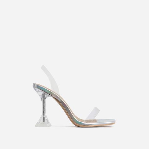 Flavia Square Toe Sling Back Sculptured Perspex Clear Heel Mule In Silver Holographic Faux Leather, Silver