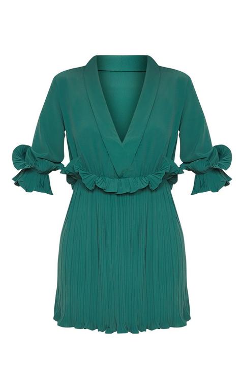 emerald green frill detail pleated midi dress