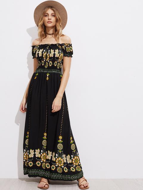 Bardot Floral Print Drawstring Front Shirred Long Dress