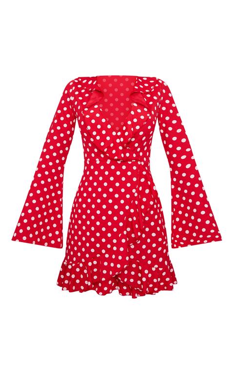 Robe Portefeuille Rouge A Pois Blancs A Decollete Volante Et Manches Evasees Red Polkadot From Prettylittlething On 21 Buttons