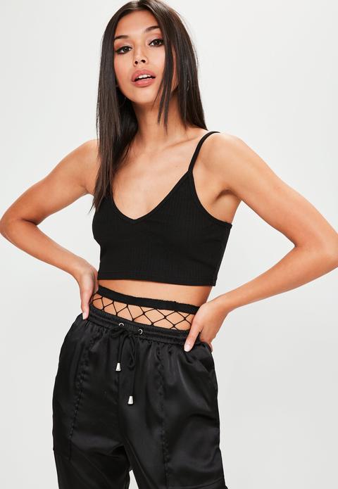 Petite Black Ribbed Cami Crop Top