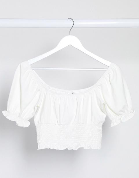 Top Fruncido Blanco Con Manga Abullonada De Topshop