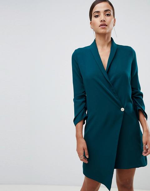 Vestido Estilo Esmoquin En Verde Con Bajo Asimétrico Y Mangas Fruncidas De Vesper