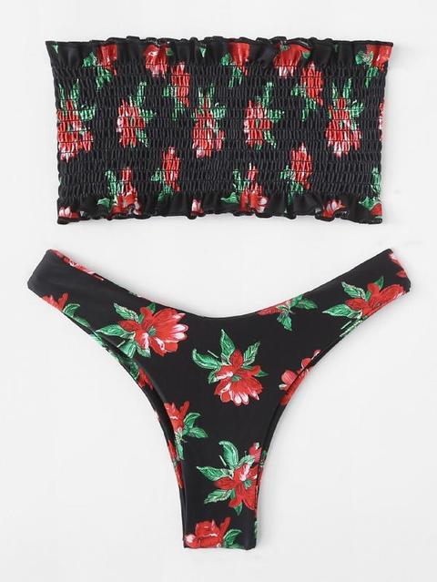Conjunto De Bikini Fruncido Con Estampado Floral