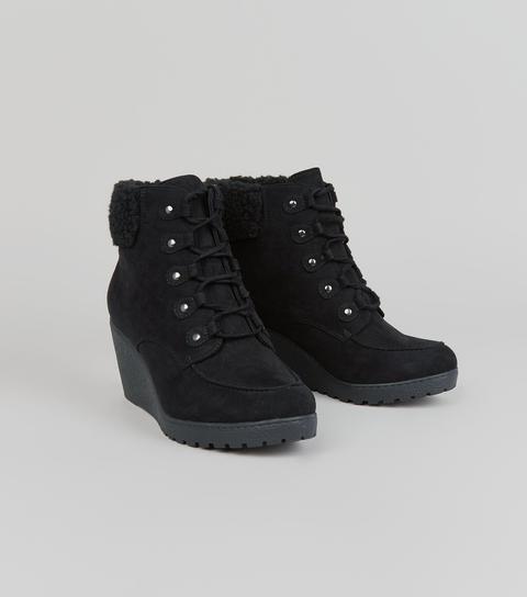 Teens Black Suedette Shearling Trim Wedge Boots