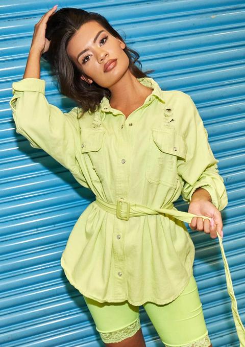 Willow Lime Green Denim Distressed Belted Shirt