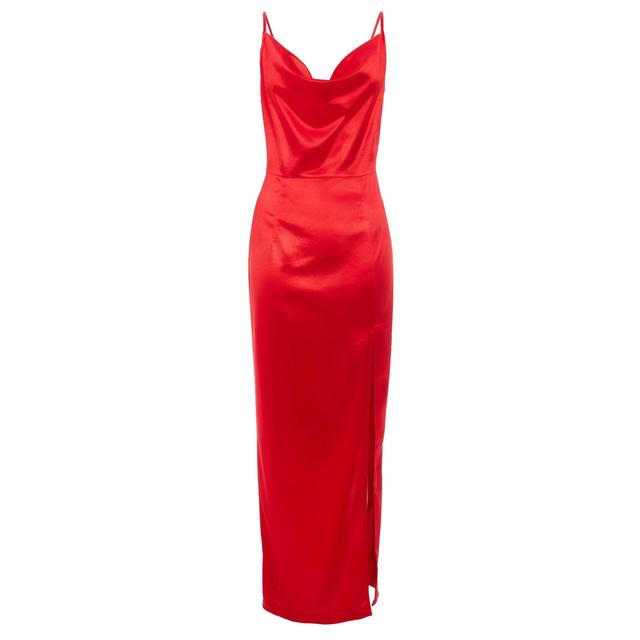 red satin cowl dress