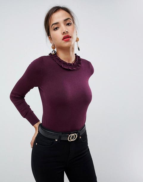 Oasis - Maglione Bordeaux Con Volant Sul Collo - Rosso