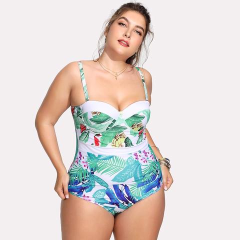 Bañador De Talla Extra Con Estampado Tropical De Espalda Con Abertura De Talla Grande