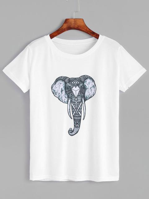 Camiseta Con Estampado De Elefante De Manga Corta - Blanco