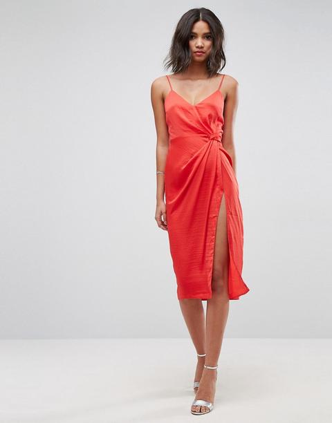 Asos - Vestito Midi In Raso Martellato Con Spalline - Rosso