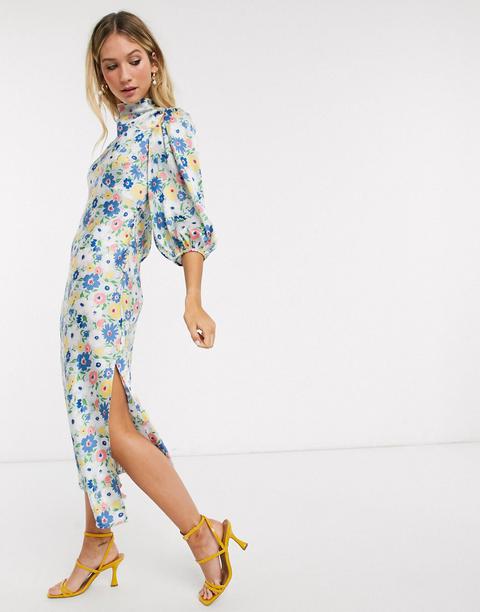 Asos Design Cowl Neck Satin Tea Midi Dress With Puff Sleeve In Floral Print-multi