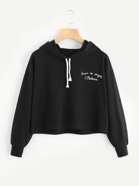 Slogan Embroidered Crop Hoodie