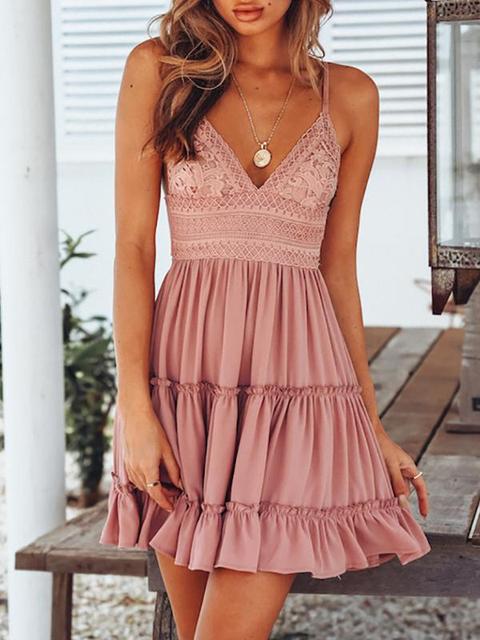 Ruffled Lace Tied Open Back Casual Slip 