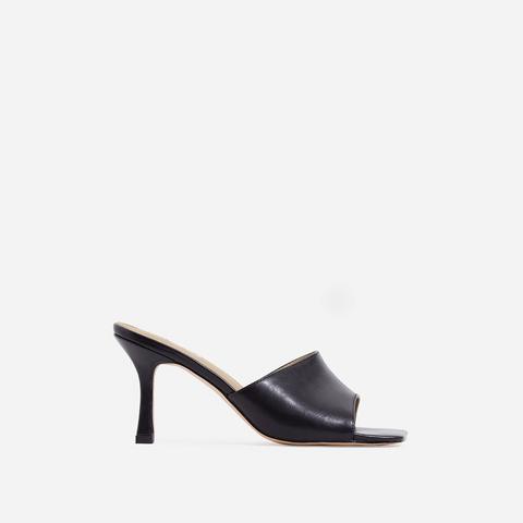 Hilton Square Peep Toe Kitten Heel Mule In Black Faux Leather, Black