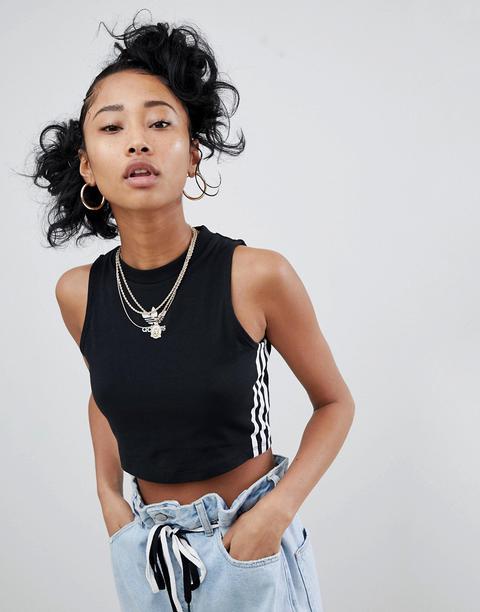 Adidas Originals Adicolor Three Stripe Cropped Top In Black