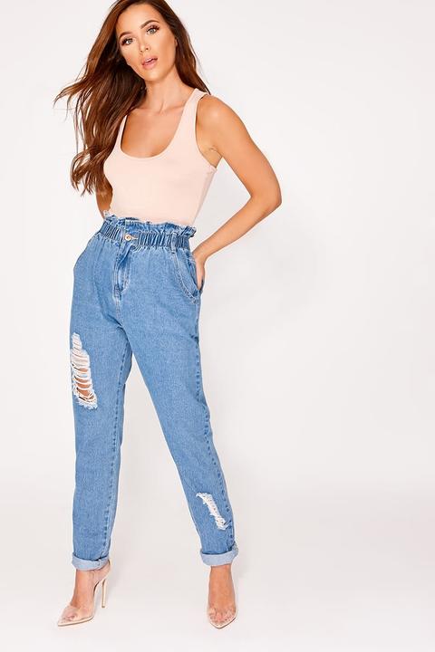 Blue Jeans - Blue Denim Paperbag Distressed Mom Jeans