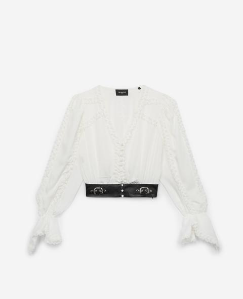 Top En Viscose Blanc À Froufrous