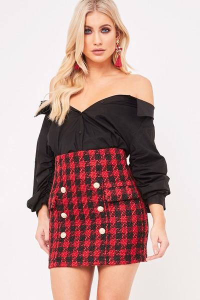 Alice Black & Red Dog Tooth Woolen Mini Skirt