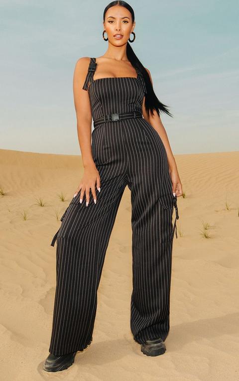 Black Pinstripe Buckle Detail Wide Leg Jumpsuit, Black