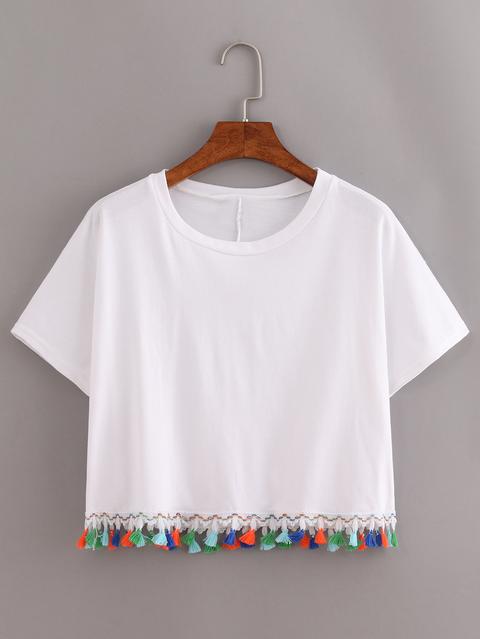 White Contrast Fringe T-shirt