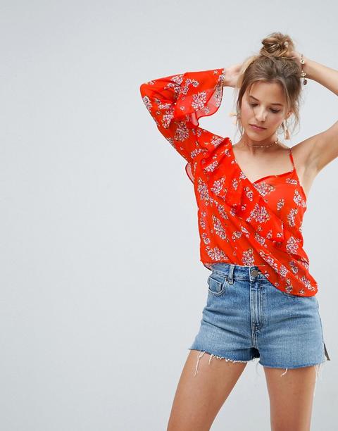 Blusa Asimétrica Con Volante Y Diseño Floral Brillante De Asos