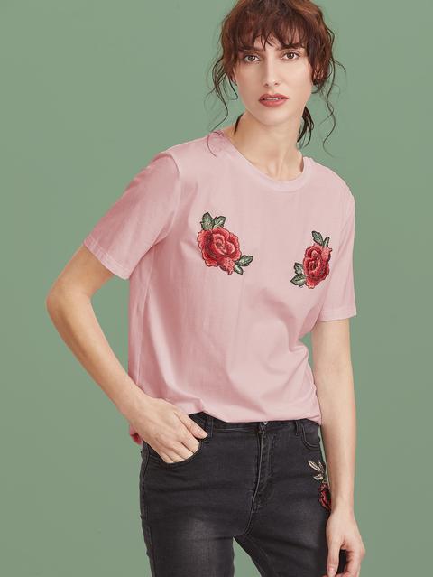 Tshirt Manica Corta Con Rosa Applique Ricamato