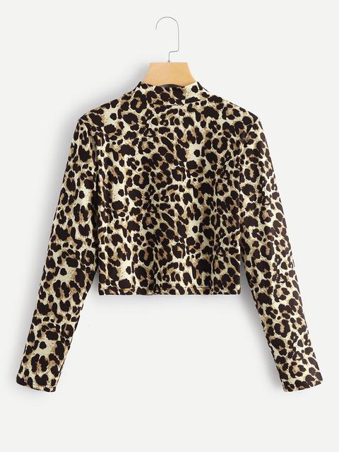 Camiseta Corta De Leopardo De Cuelllo Alzado