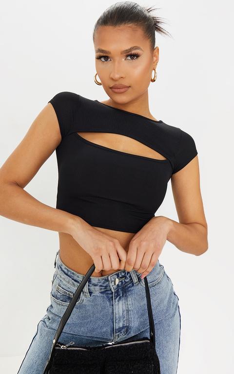 Crop Top Côtelé Noir À Découpe Et Manches Courtes, Noir